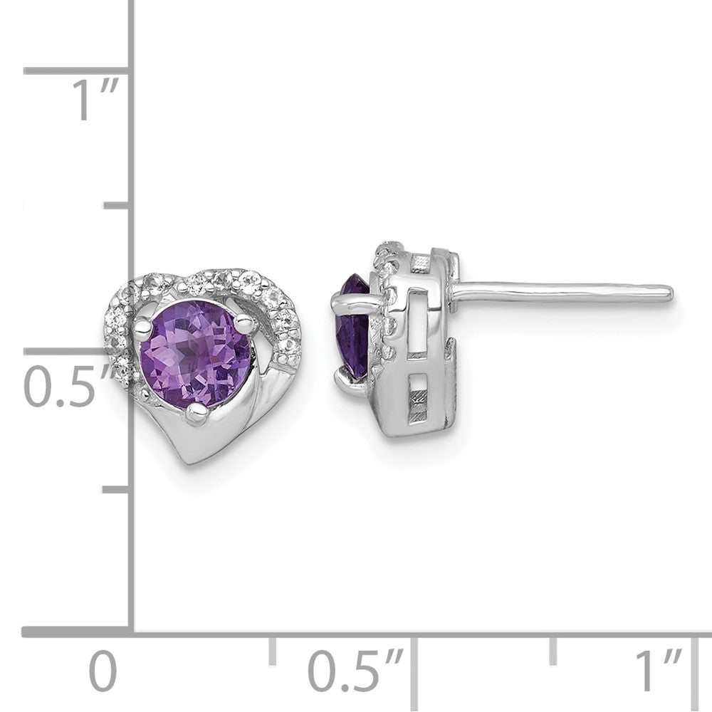 QE18329AM Sterling Silver Rhodium-plated Polished Amethyst and White Topaz Heart Post Earrings