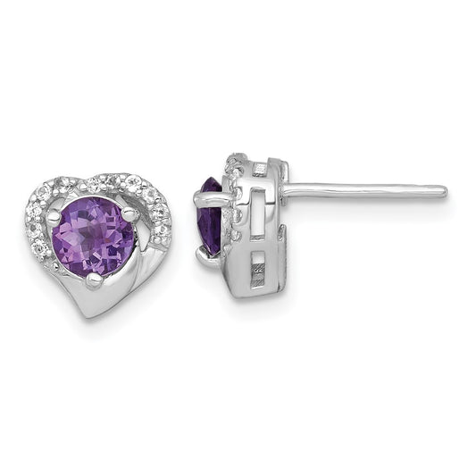 QE18329AM Sterling Silver Rhodium-plated Polished Amethyst and White Topaz Heart Post Earrings