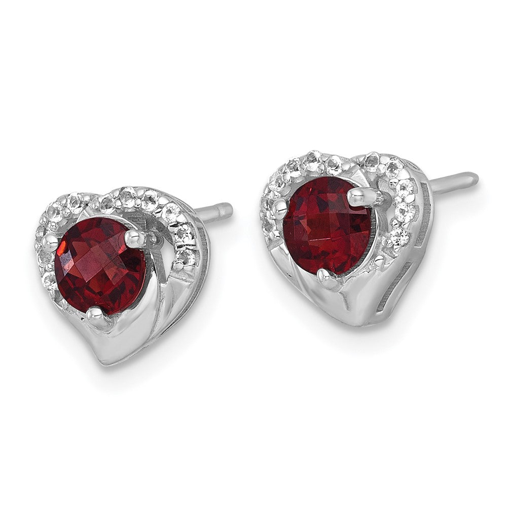 QE18329GA Sterling Silver Rhodium-plated Polished Garnet and White Topaz Heart Post Earrings