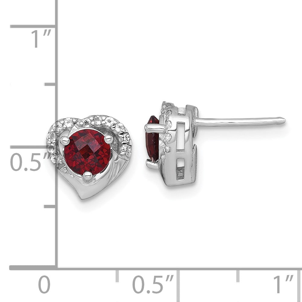 QE18329GA Sterling Silver Rhodium-plated Polished Garnet and White Topaz Heart Post Earrings