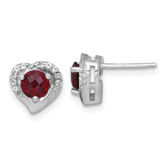 QE18329GA Sterling Silver Rhodium-plated Polished Garnet and White Topaz Heart Post Earrings