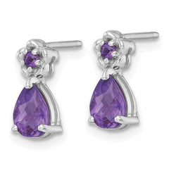 QE18331AM Sterling Silver Rhodium-plated Polished Amethyst Teardrop and Flower Post Earrings