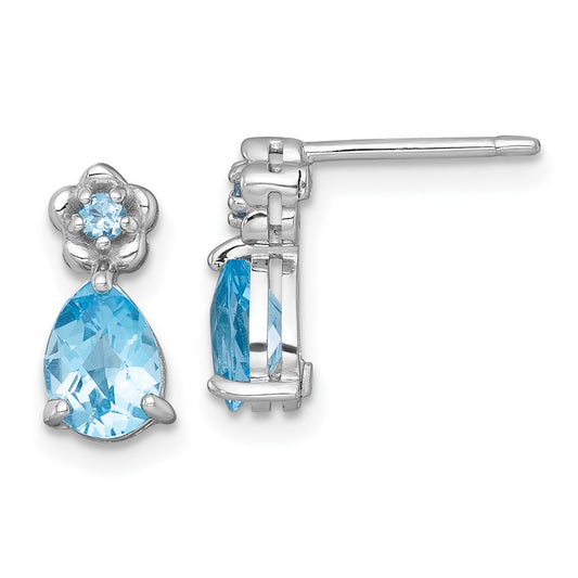 QE18331BT Sterling Silver Rhodium-plated Polished Light Swiss Blue Topaz Teardrop and Flower Post Earrings