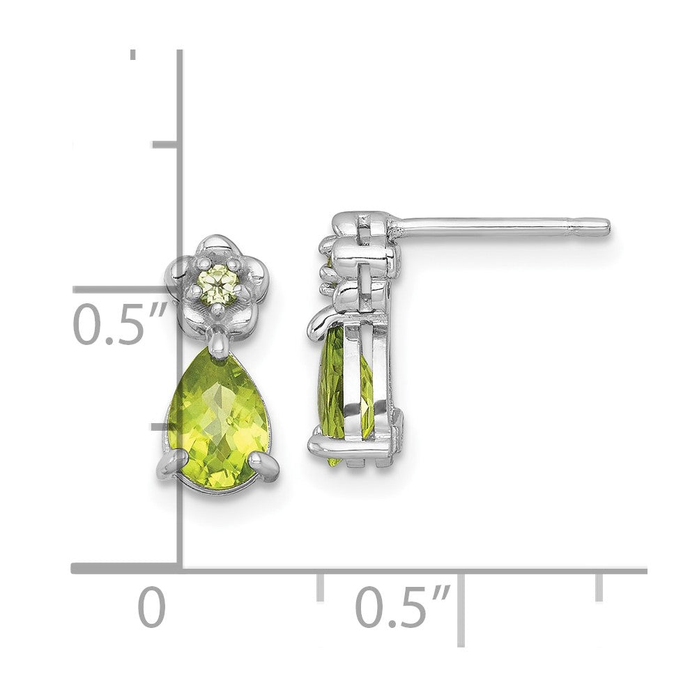 QE18331PE Sterling Silver Rhodium-plated Polished Peridot Teardrop and Flower Post Earrings