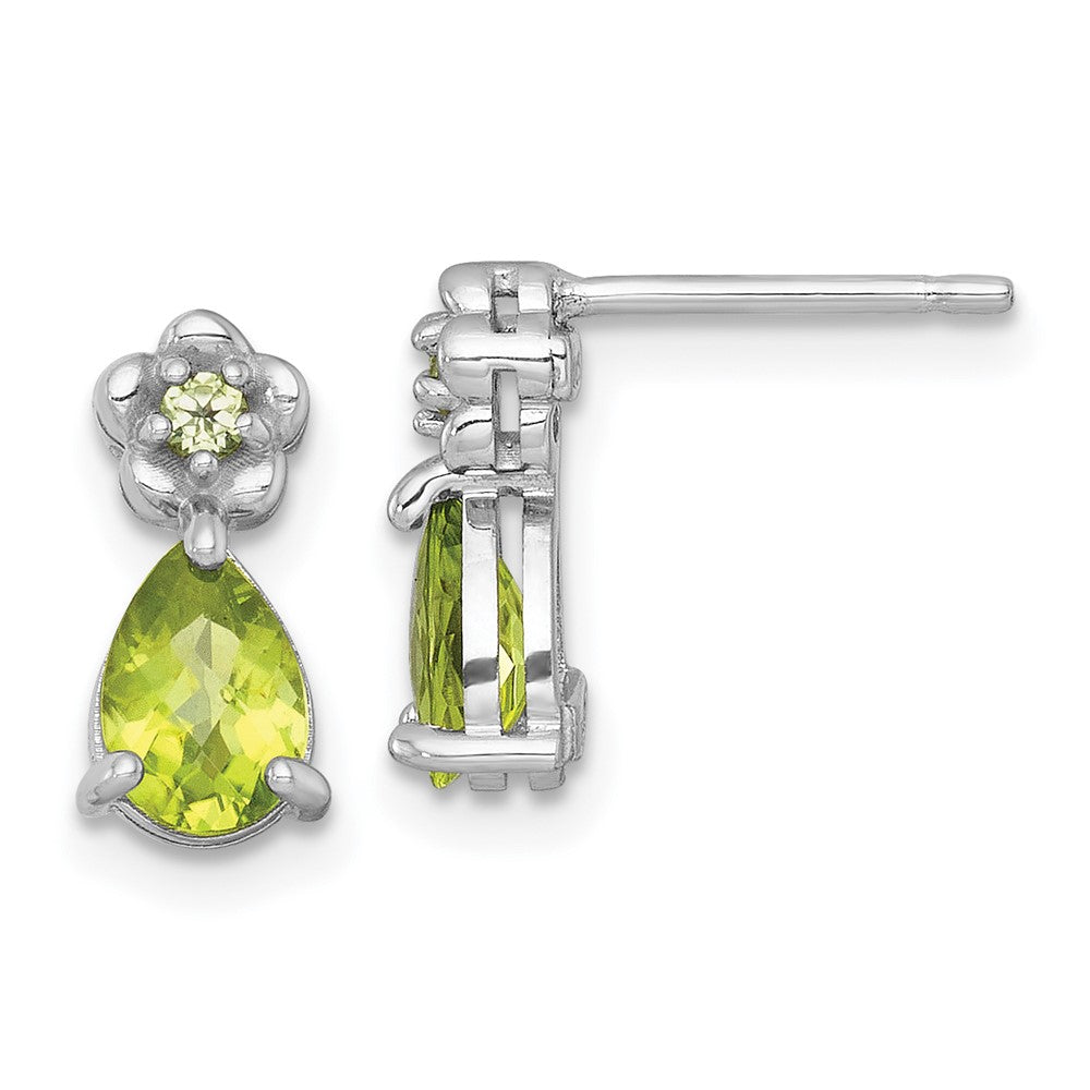 QE18331PE Sterling Silver Rhodium-plated Polished Peridot Teardrop and Flower Post Earrings