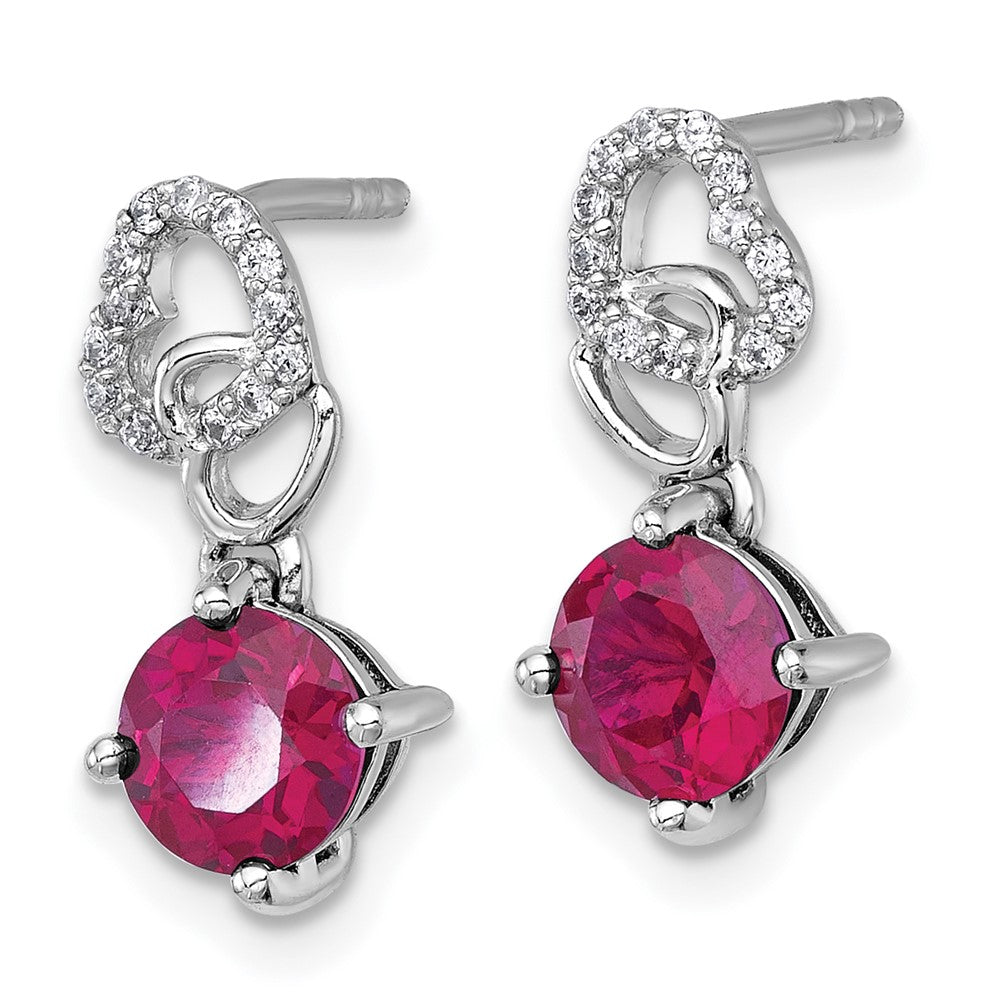 QE18332CRU Sterling Silver Rhodium-plated Polished Round Lab Created Ruby and CZ Heart Post Dangle Earrings