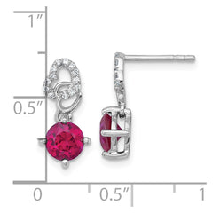 QE18332CRU Sterling Silver Rhodium-plated Polished Round Lab Created Ruby and CZ Heart Post Dangle Earrings