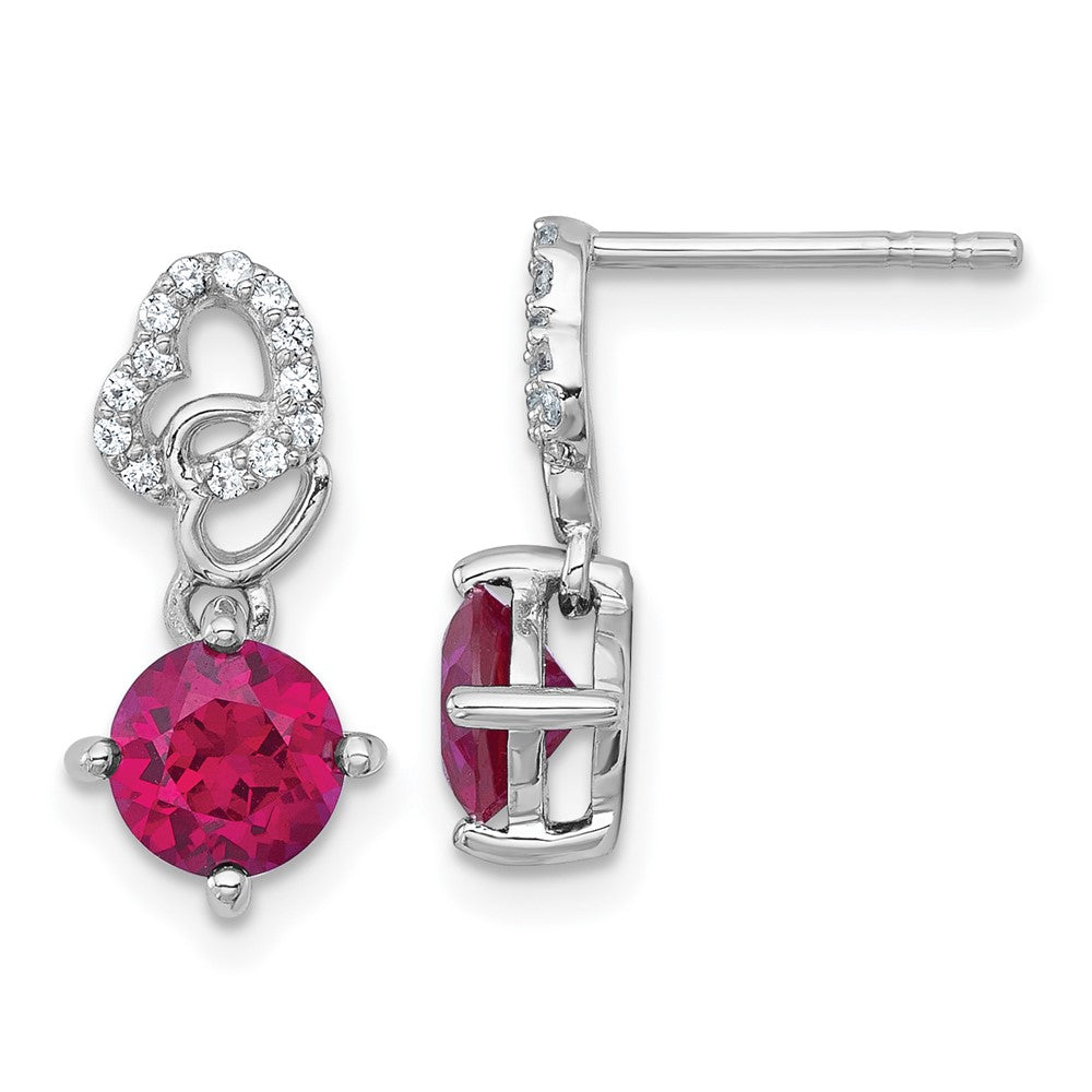 QE18332CRU Sterling Silver Rhodium-plated Polished Round Lab Created Ruby and CZ Heart Post Dangle Earrings