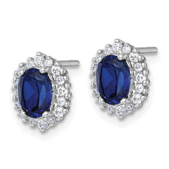 QE18334CSA Sterling Silver Rhodium-plated Polished Lab Created Sapphire and CZ Oval Halo Post Earrings