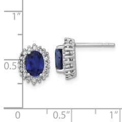 QE18334CSA Sterling Silver Rhodium-plated Polished Lab Created Sapphire and CZ Oval Halo Post Earrings