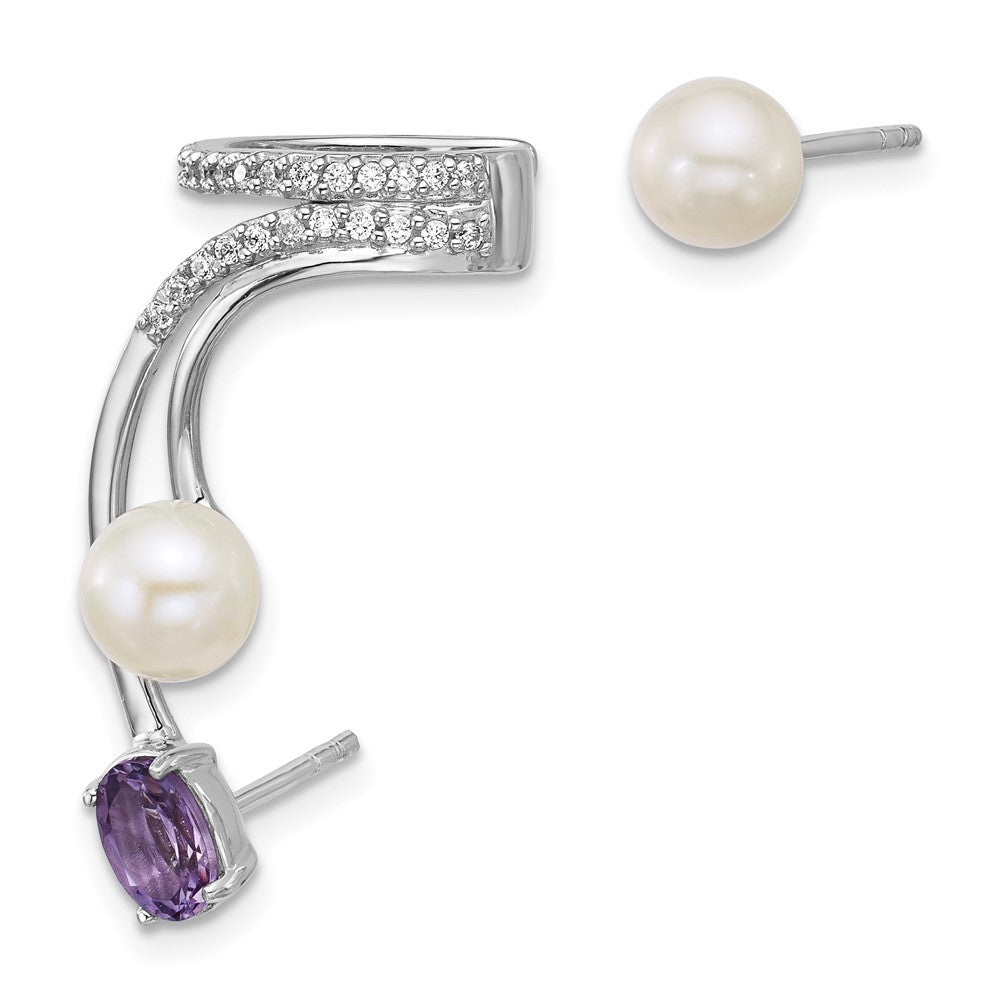 QE18336AM Sterling Silver Rhodium-plated CZ, White Freshwater Cultured Pearl and .45ct Oval Amethyst Post and Cuff Asymmetric Earrings