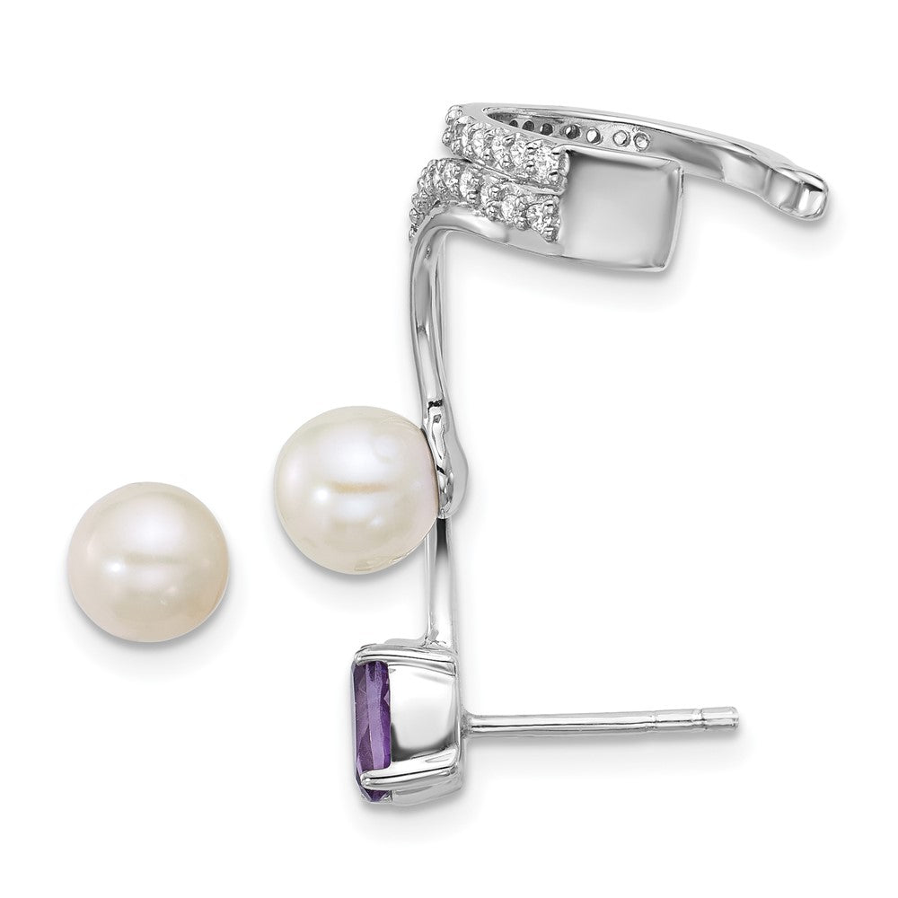 QE18336AM Sterling Silver Rhodium-plated CZ, White Freshwater Cultured Pearl and .45ct Oval Amethyst Post and Cuff Asymmetric Earrings
