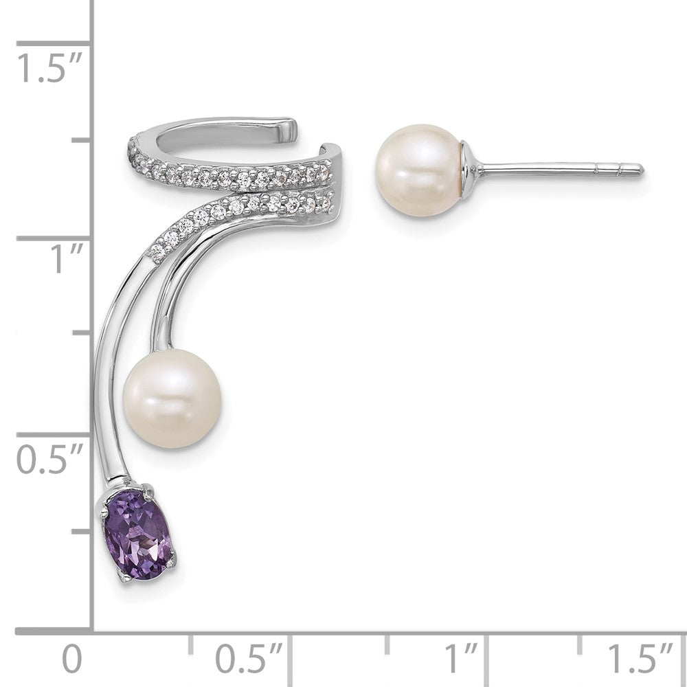 QE18336AM Sterling Silver Rhodium-plated CZ, White Freshwater Cultured Pearl and .45ct Oval Amethyst Post and Cuff Asymmetric Earrings