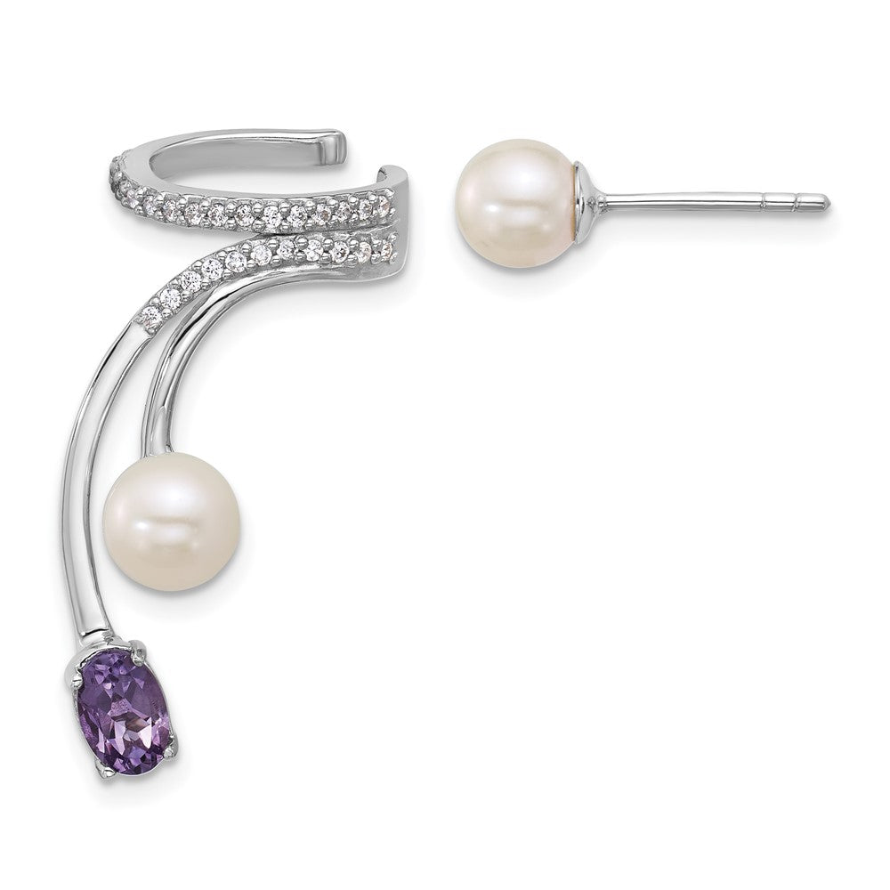 QE18336AM Sterling Silver Rhodium-plated CZ, White Freshwater Cultured Pearl and .45ct Oval Amethyst Post and Cuff Asymmetric Earrings
