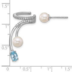 QE18336BT Sterling Silver Rhodium-plated CZ, White Freshwater Cultured Pearl and .58ct Oval Blue Topaz Post and Cuff Asymmetric Earrings