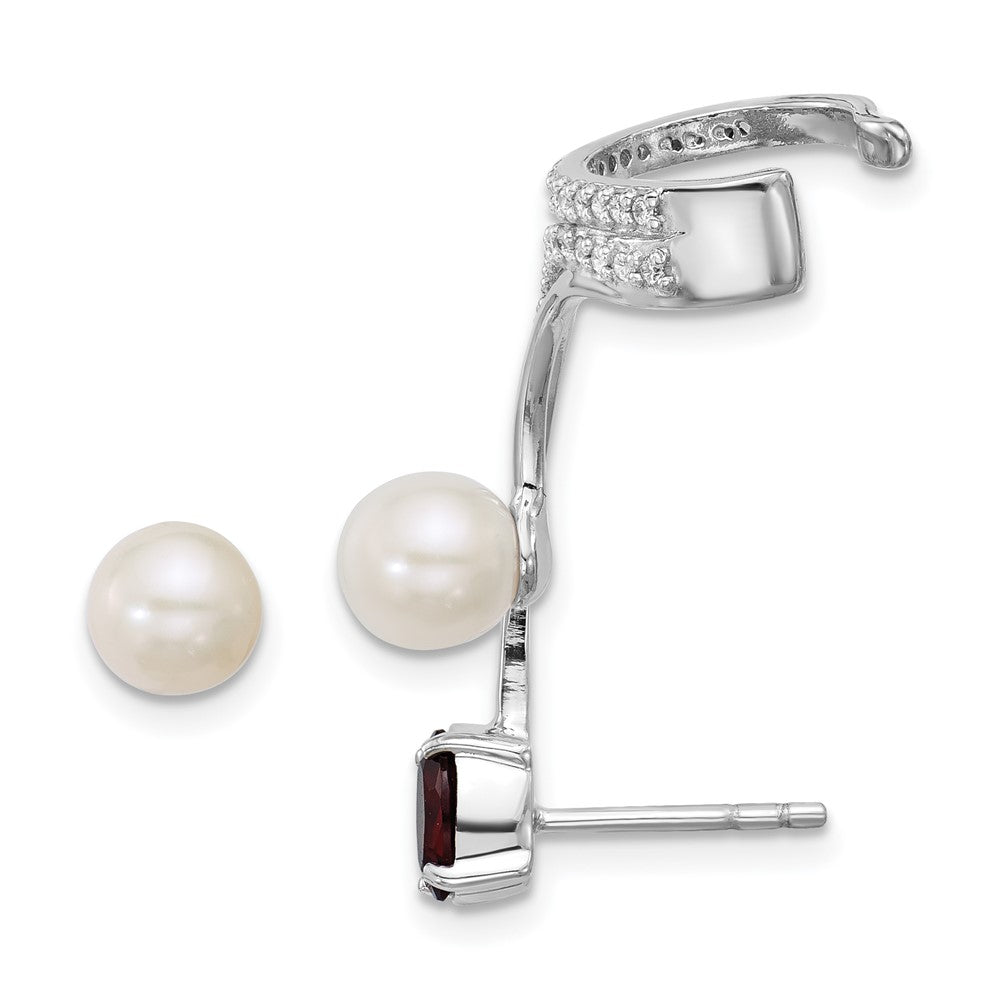 QE18336GA Sterling Silver Rhodium-plated CZ, White Freshwater Cultured Pearl and .57ct Oval Garnet Post and Cuff Asymmetric Earrings
