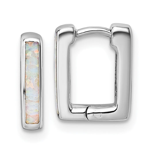 QE18338 Sterling Silver Rhodium-plated Polished Lab Created Opal Square Hinged Hoop Earrings