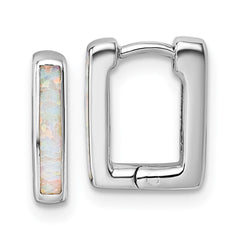QE18338 Sterling Silver Rhodium-plated Polished Lab Created Opal Square Hinged Hoop Earrings