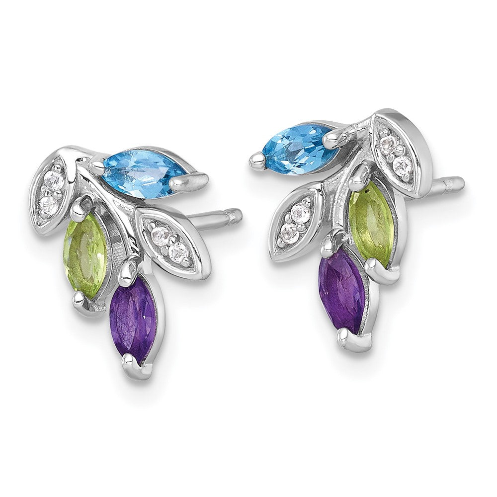 QE18339BT Sterling Silver Rhodium-plated Polished Amethyst, Peridot, and Blue and White Topaz Leaf Post Earrings