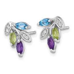 QE18339BT Sterling Silver Rhodium-plated Polished Amethyst, Peridot, and Blue and White Topaz Leaf Post Earrings