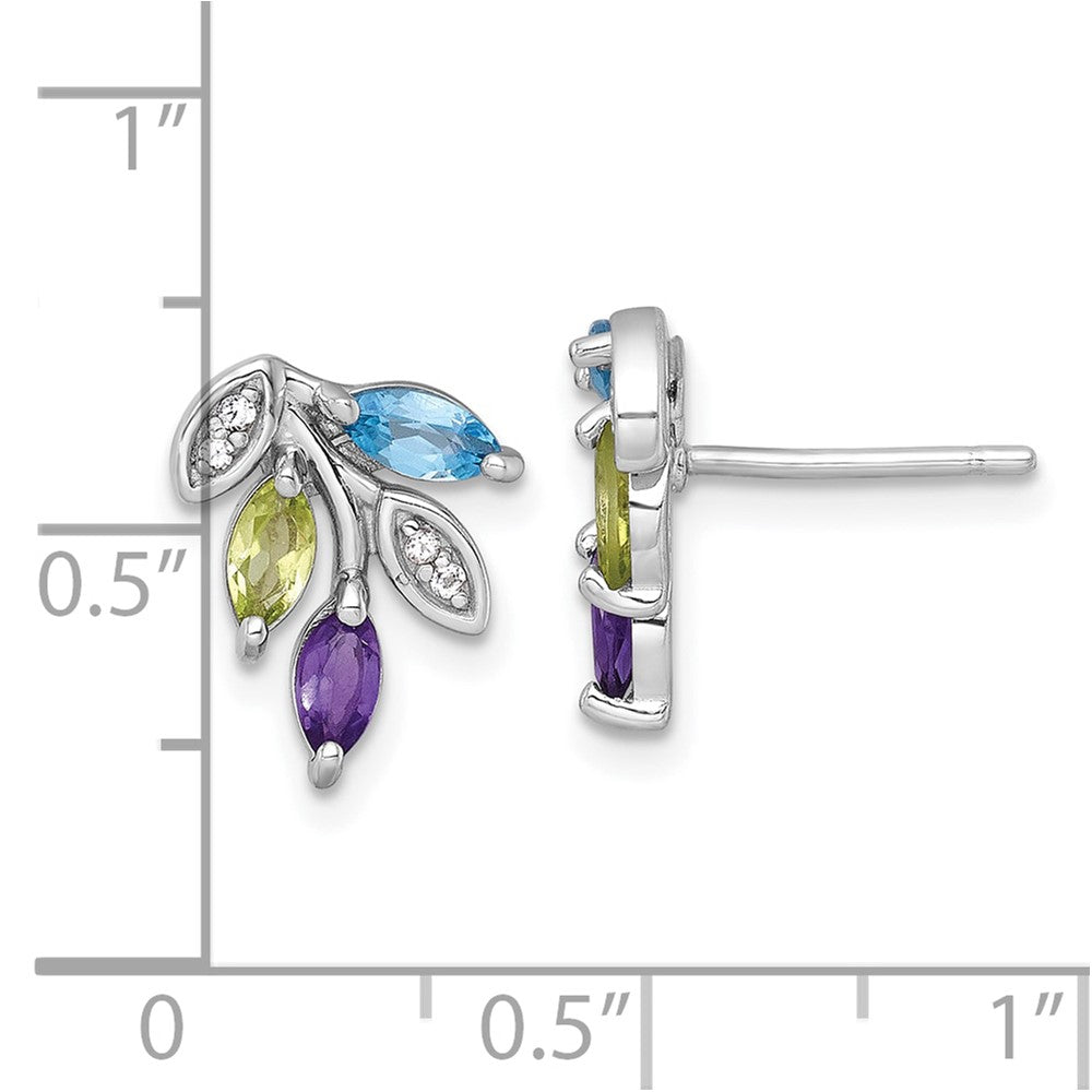 QE18339BT Sterling Silver Rhodium-plated Polished Amethyst, Peridot, and Blue and White Topaz Leaf Post Earrings