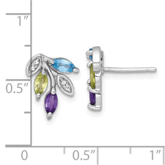 QE18339BT Sterling Silver Rhodium-plated Polished Amethyst, Peridot, and Blue and White Topaz Leaf Post Earrings