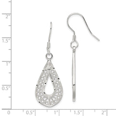 QE19 Sterling Silver Polished Textured D/C Filigree Teardrop Dangle Earrings