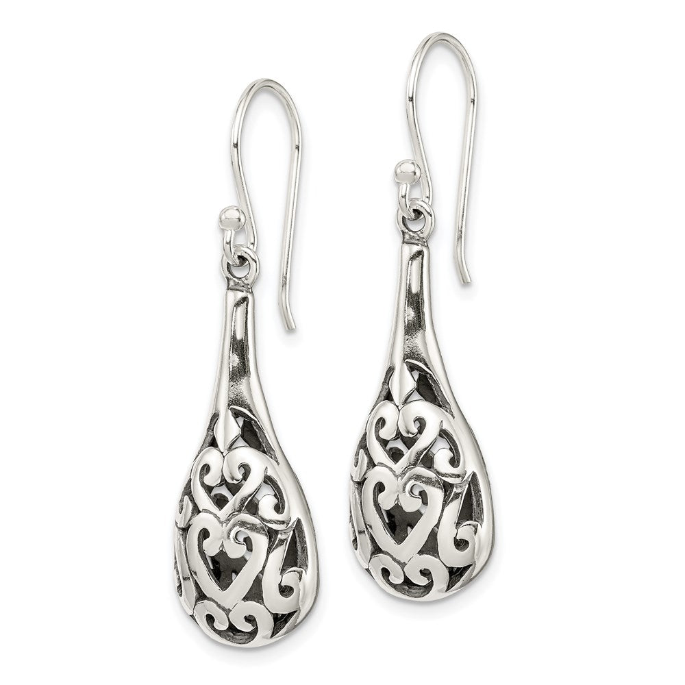 QE1931 Sterling Silver Polished & Antiqued Filigree Heart Teardrop Dangle Earrings