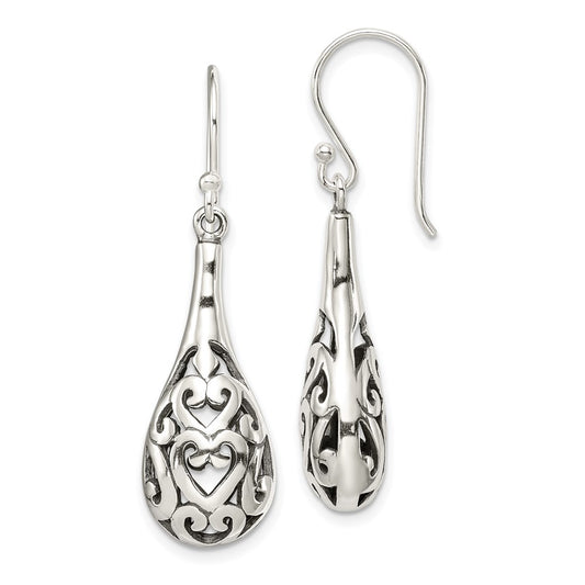 QE1931 Sterling Silver Polished & Antiqued Filigree Heart Teardrop Dangle Earrings