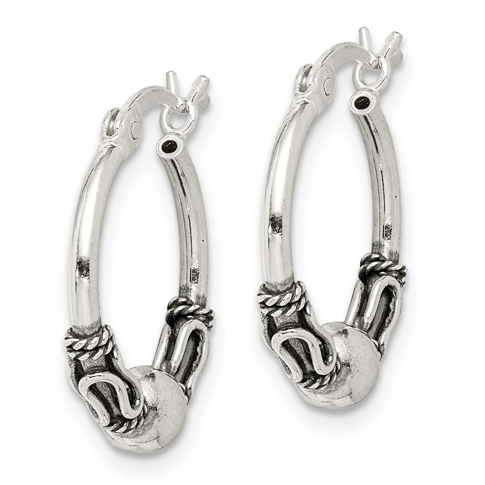 QE1946 Sterling Silver Antiqued Fancy Beaded Hoop Earrings