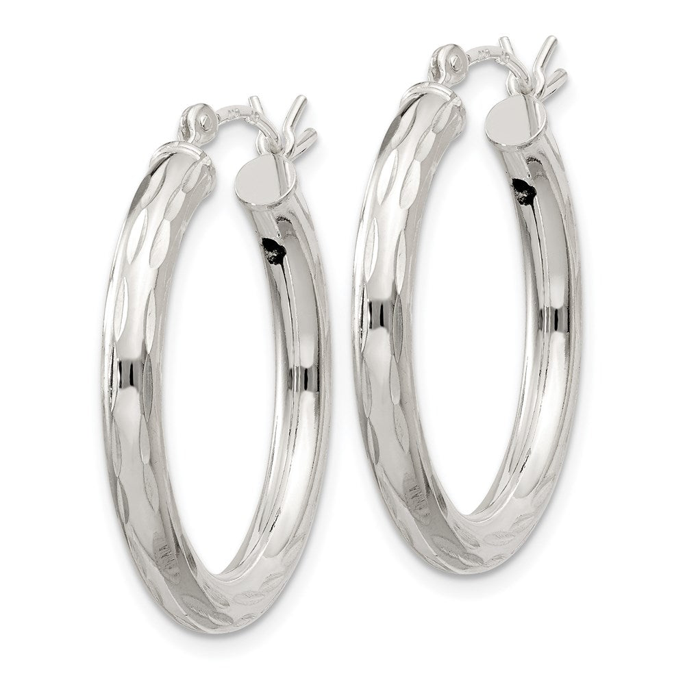 QE1965 Sterling Silver Diamond-cut Satin 3x25mm Hoop Earrings