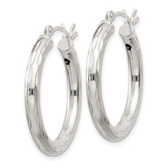 QE1965 Sterling Silver Diamond-cut Satin 3x25mm Hoop Earrings