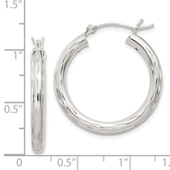 QE1965 Sterling Silver Diamond-cut Satin 3x25mm Hoop Earrings