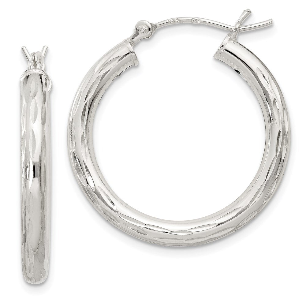 QE1965 Sterling Silver Diamond-cut Satin 3x25mm Hoop Earrings