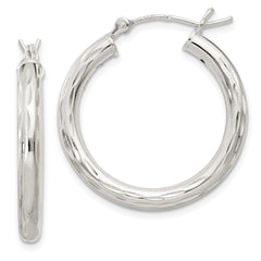 QE1965 Sterling Silver Diamond-cut Satin 3x25mm Hoop Earrings