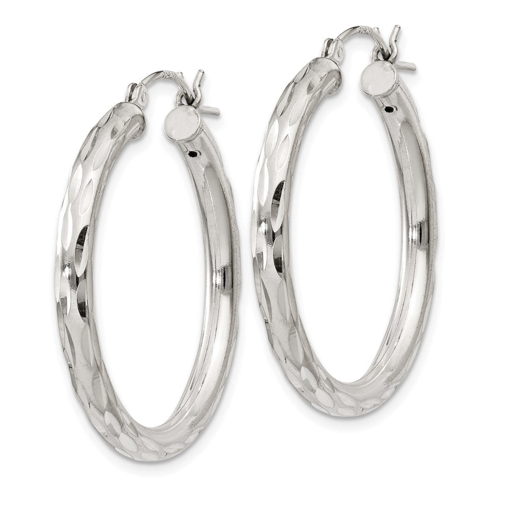 QE1966 Sterling Silver Diamond-cut Satin 3x30mm Hoop Earrings