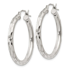 QE1966 Sterling Silver Diamond-cut Satin 3x30mm Hoop Earrings