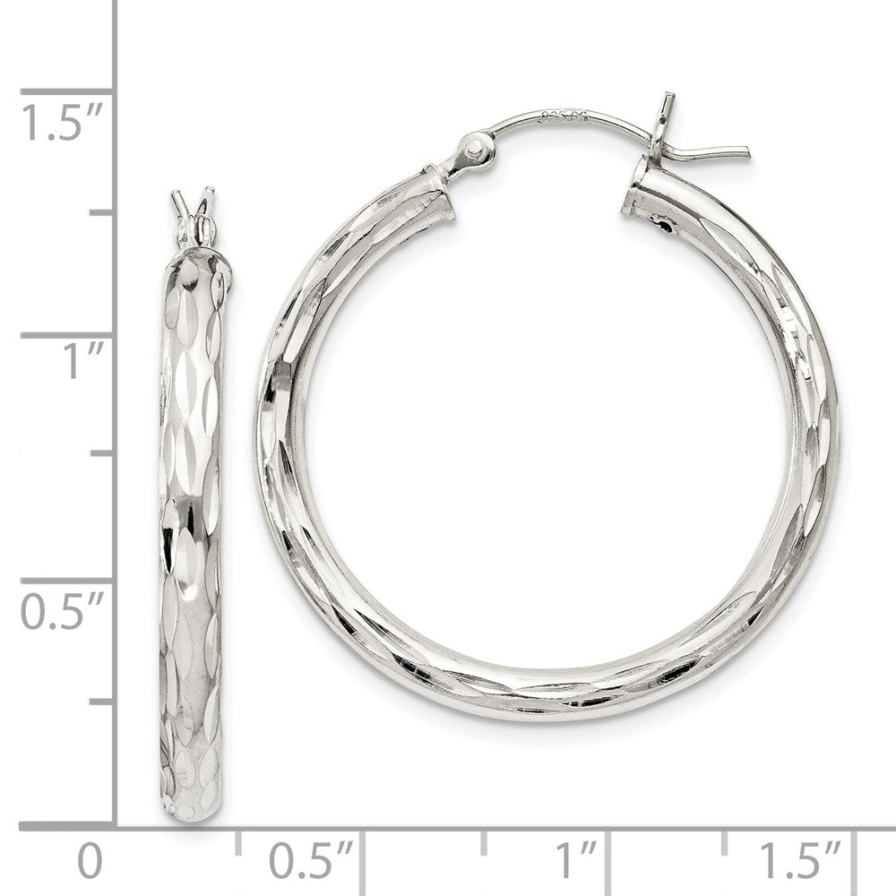 QE1966 Sterling Silver Diamond-cut Satin 3x30mm Hoop Earrings