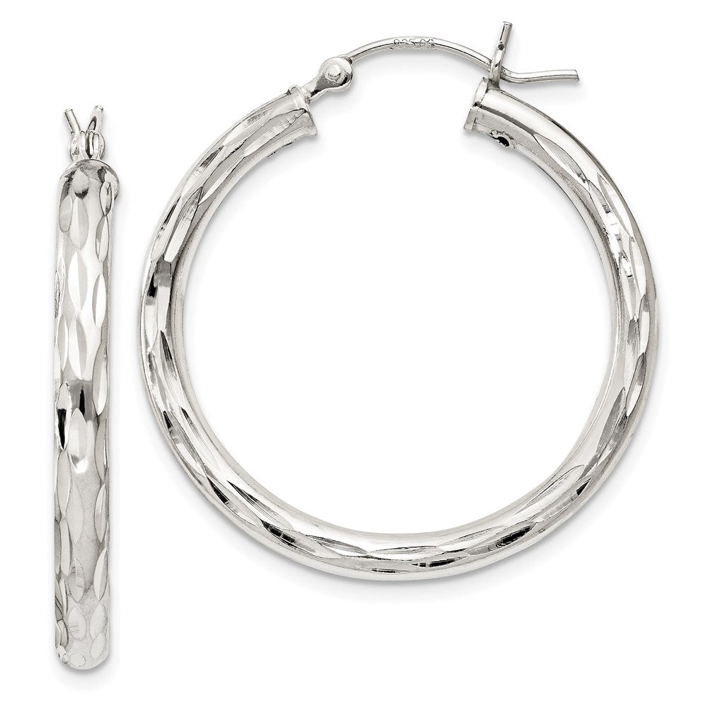 QE1966 Sterling Silver Diamond-cut Satin 3x30mm Hoop Earrings