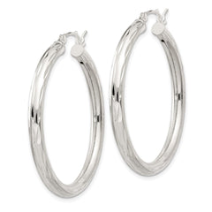 QE1967 Sterling Silver Diamond-cut Satin 3x35mm Hoop Earrings
