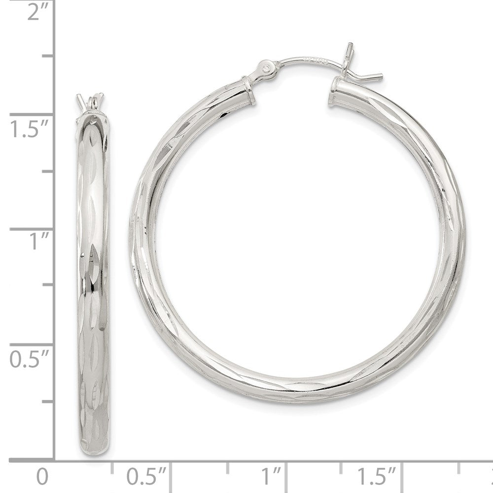 QE1967 Sterling Silver Diamond-cut Satin 3x35mm Hoop Earrings