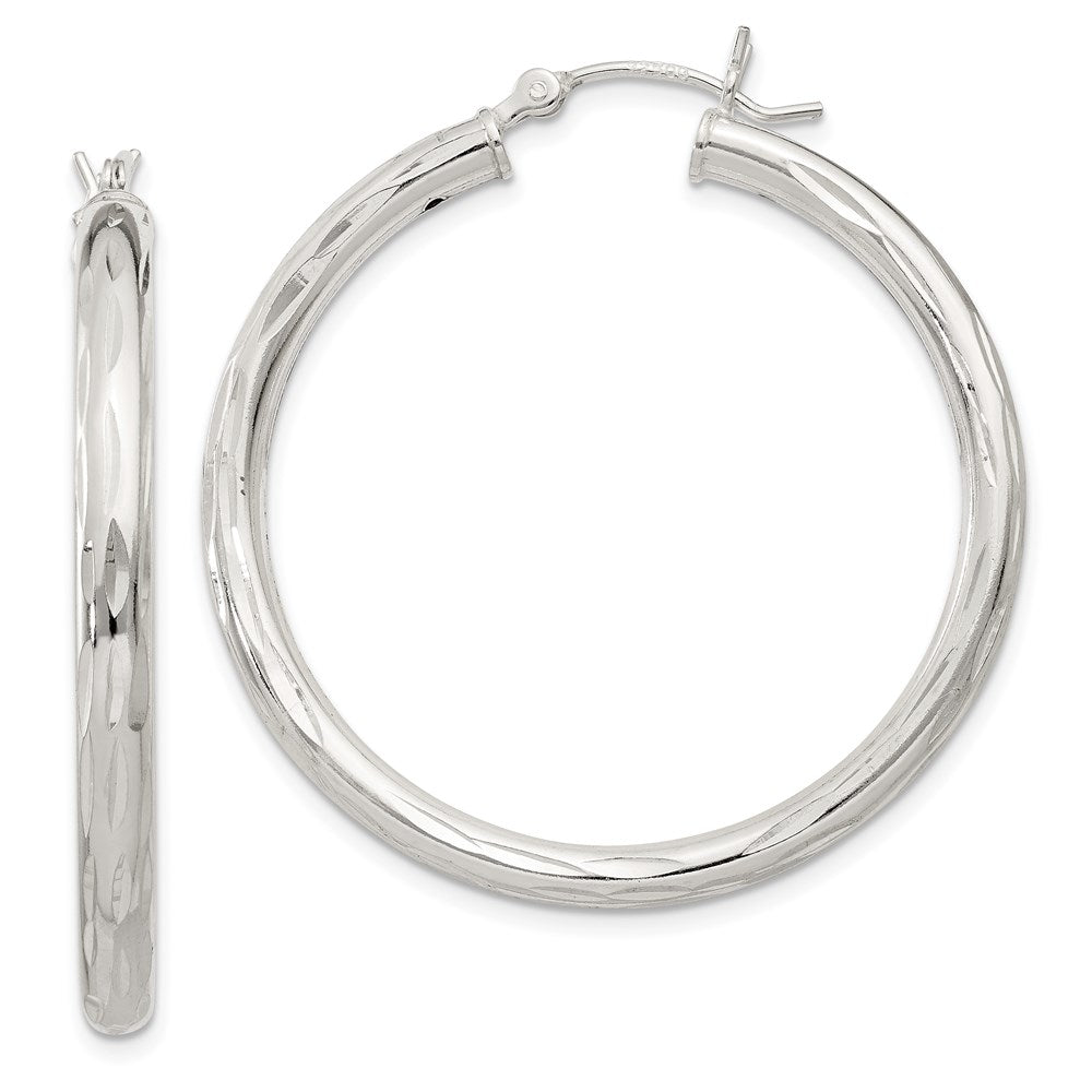 QE1967 Sterling Silver Diamond-cut Satin 3x35mm Hoop Earrings