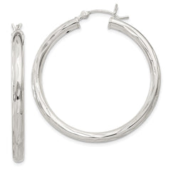 QE1967 Sterling Silver Diamond-cut Satin 3x35mm Hoop Earrings