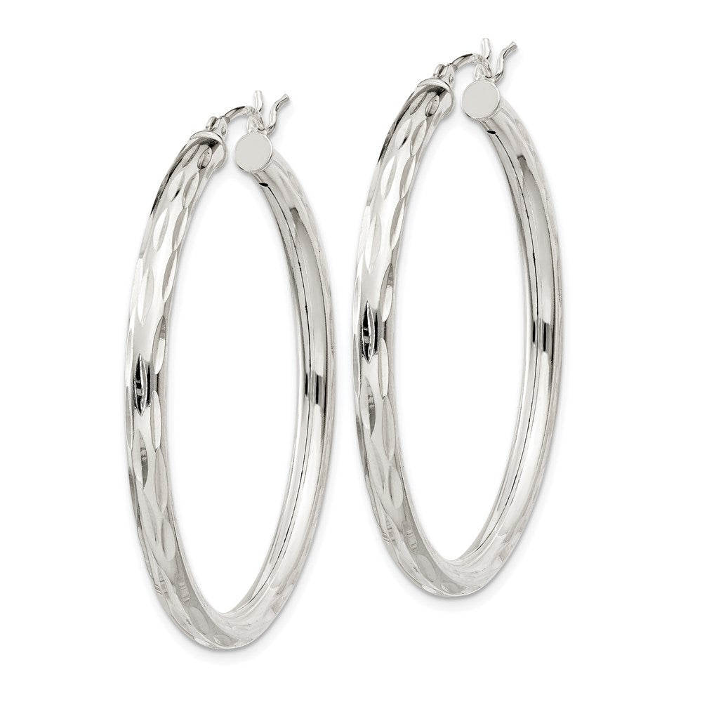 QE1968 Sterling Silver Diamond-cut Satin 3x40mm Hoop Earrings