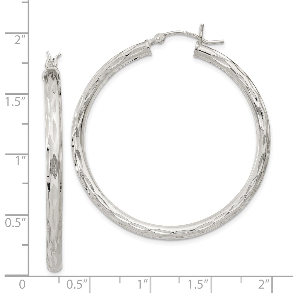 QE1968 Sterling Silver Diamond-cut Satin 3x40mm Hoop Earrings