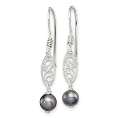 QE2006 Sterling Silver Polished Filigree 5-6mm Grey Freshwater Cultured Pearl Dangle Earrings