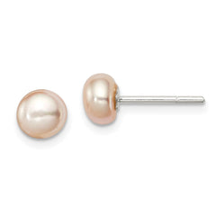 QE2029 Sterling Silver Polished Peach 5-6mm Freshwater Cultured Pearl Button Post Earrings