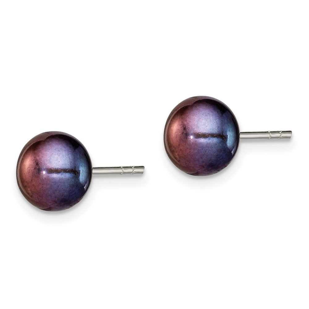 QE2031 Sterling Silver Polished 7-8mm Black Freshwater Cultured Pearl Button Post Earrings