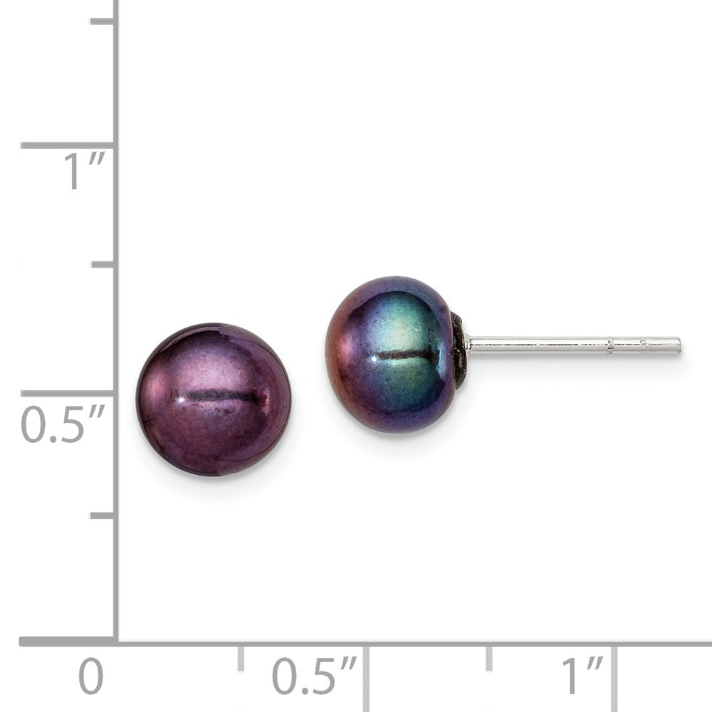QE2031 Sterling Silver Polished 7-8mm Black Freshwater Cultured Pearl Button Post Earrings