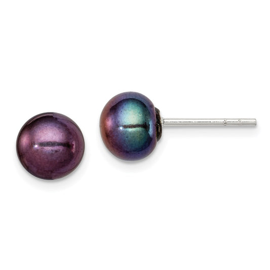 QE2031 Sterling Silver Polished 7-8mm Black Freshwater Cultured Pearl Button Post Earrings